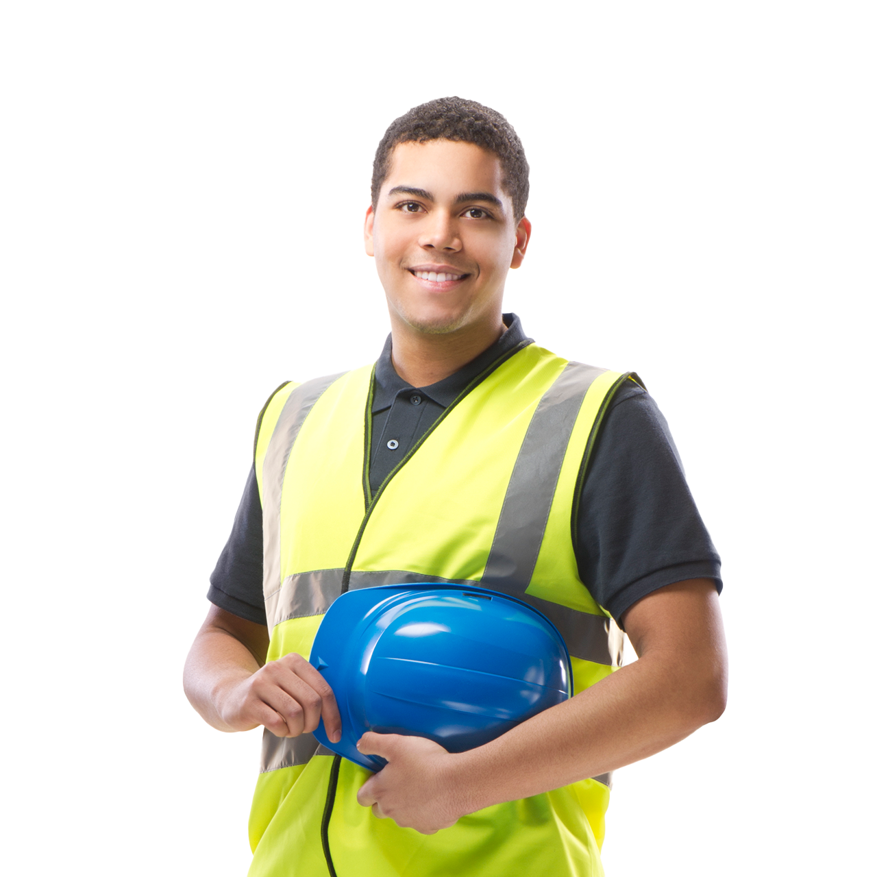 Young man wearing a reflective jacket and holding a hard hat.