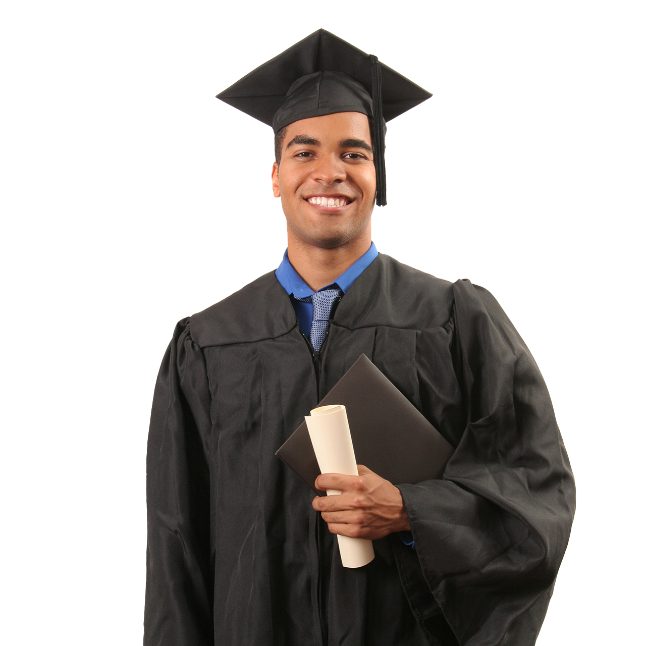 Black graduate wearing a gown and cap and holding his diploma.