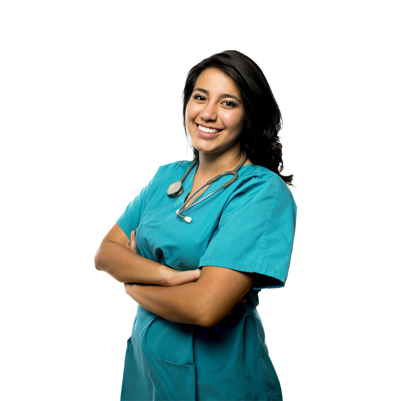 Hispanic woman wearing scrubs.